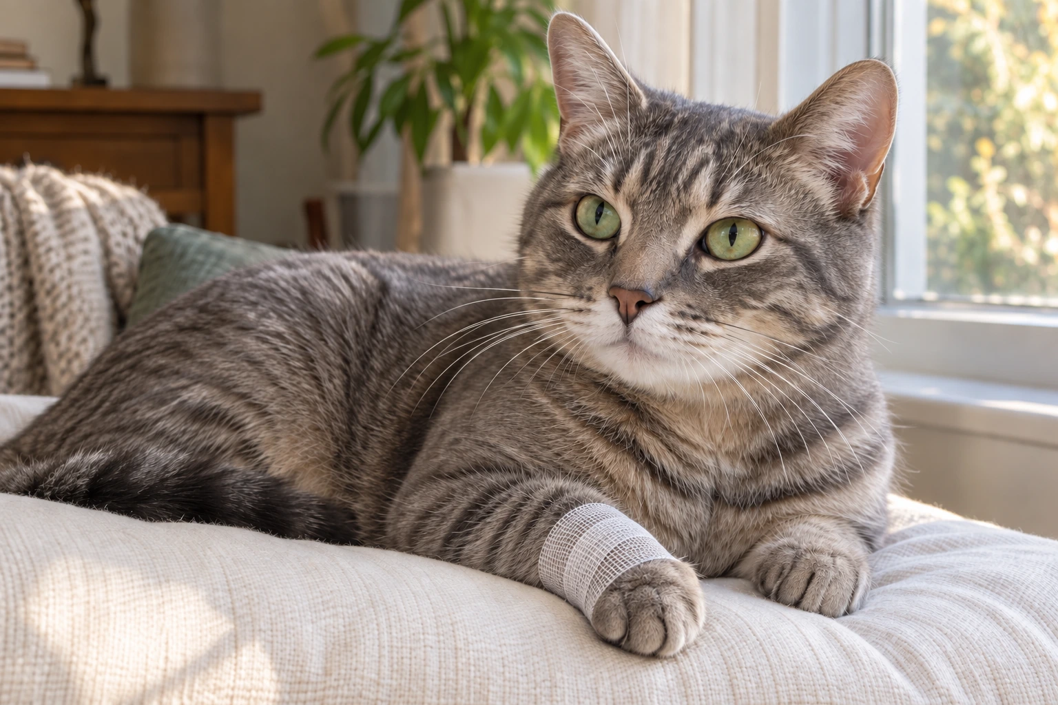 Gray tabby cat resting by a window with a thin white cotton wrap around one front paw
