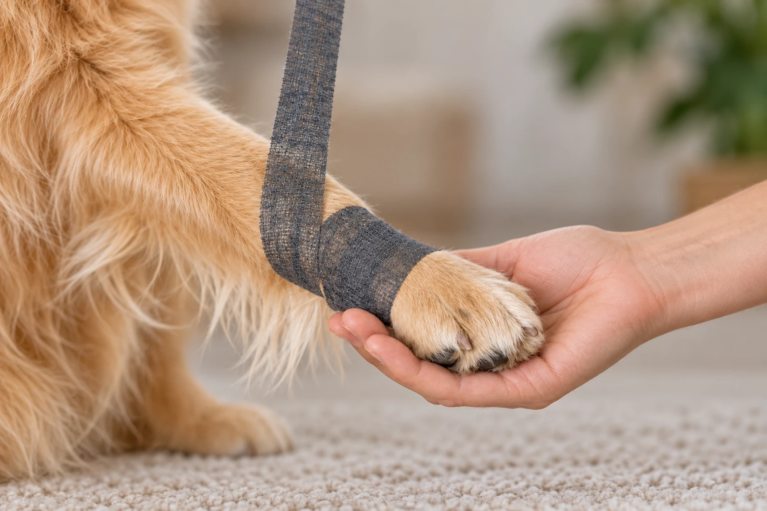Black Guard-Tex cotton wrap overlapping around a dog’s paw