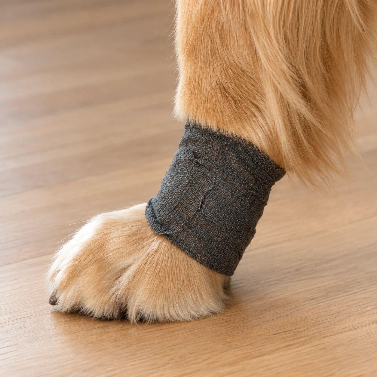 Close-up of black Guard-Tex cotton wrap around a dog’s lower leg above the paw