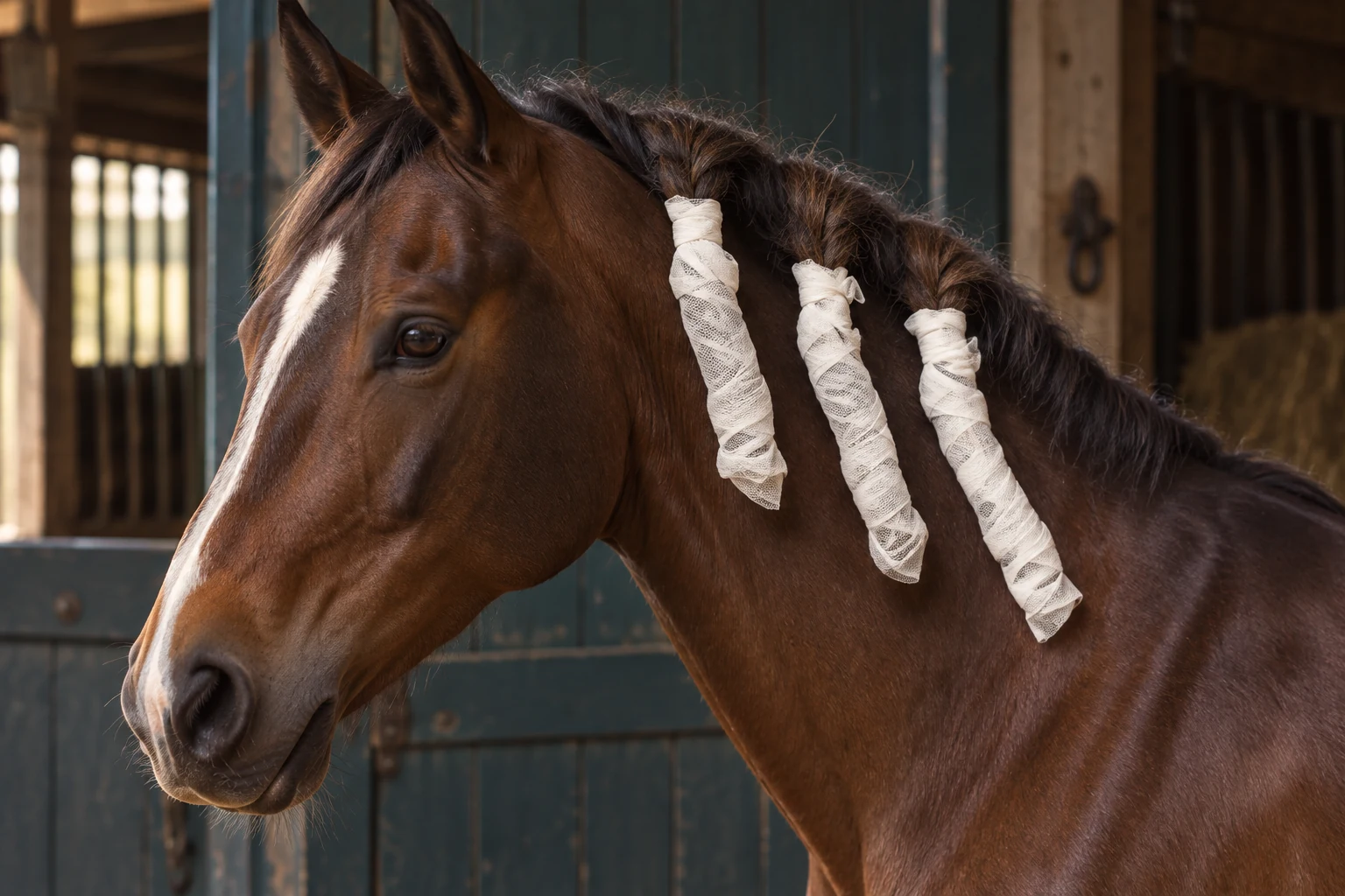 Bay horse with three mane braids enclosed in white cotton wrap