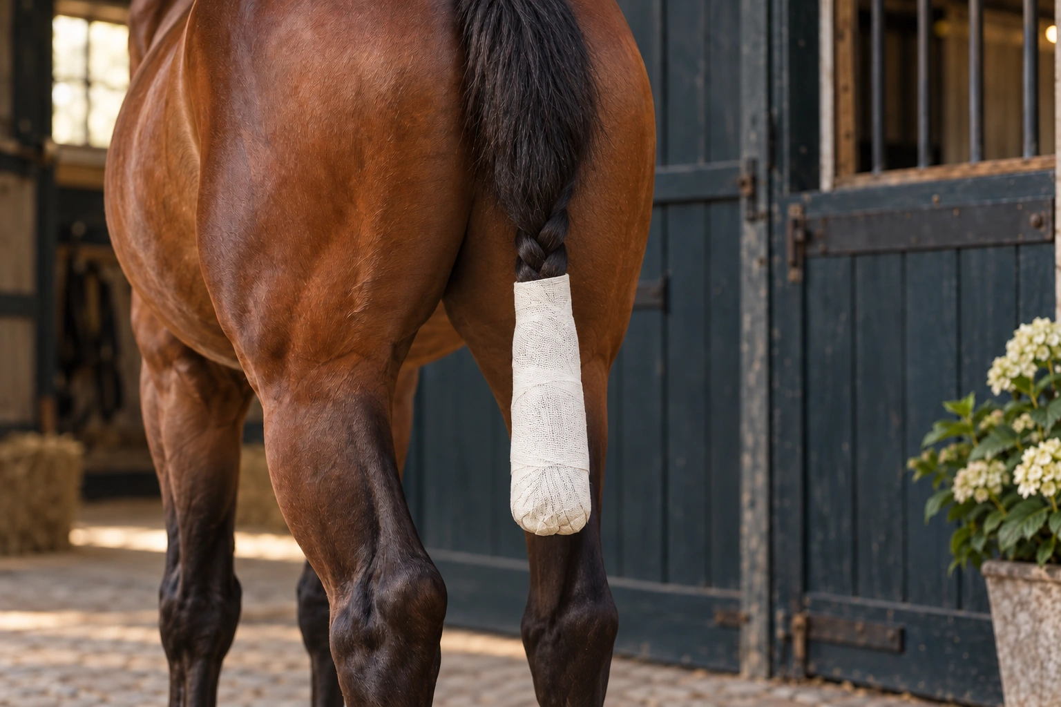 Bay horse with a prepared tail braid enclosed in white cotton wrap