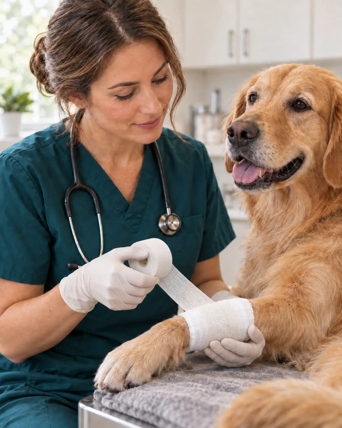 Veterinarian applying white cotton wrap over a dog’s leg dressing