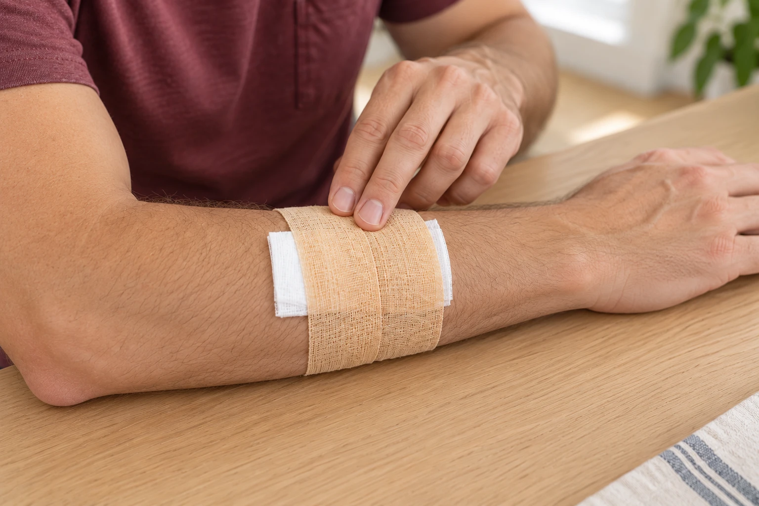 Beige Guard-Tex holding a separate white gauze pad on a forearm resting on a table