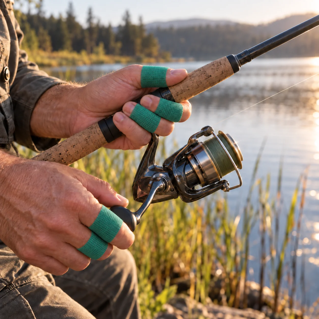 Illustration of an angler holding a fishing rod with green finger wraps.