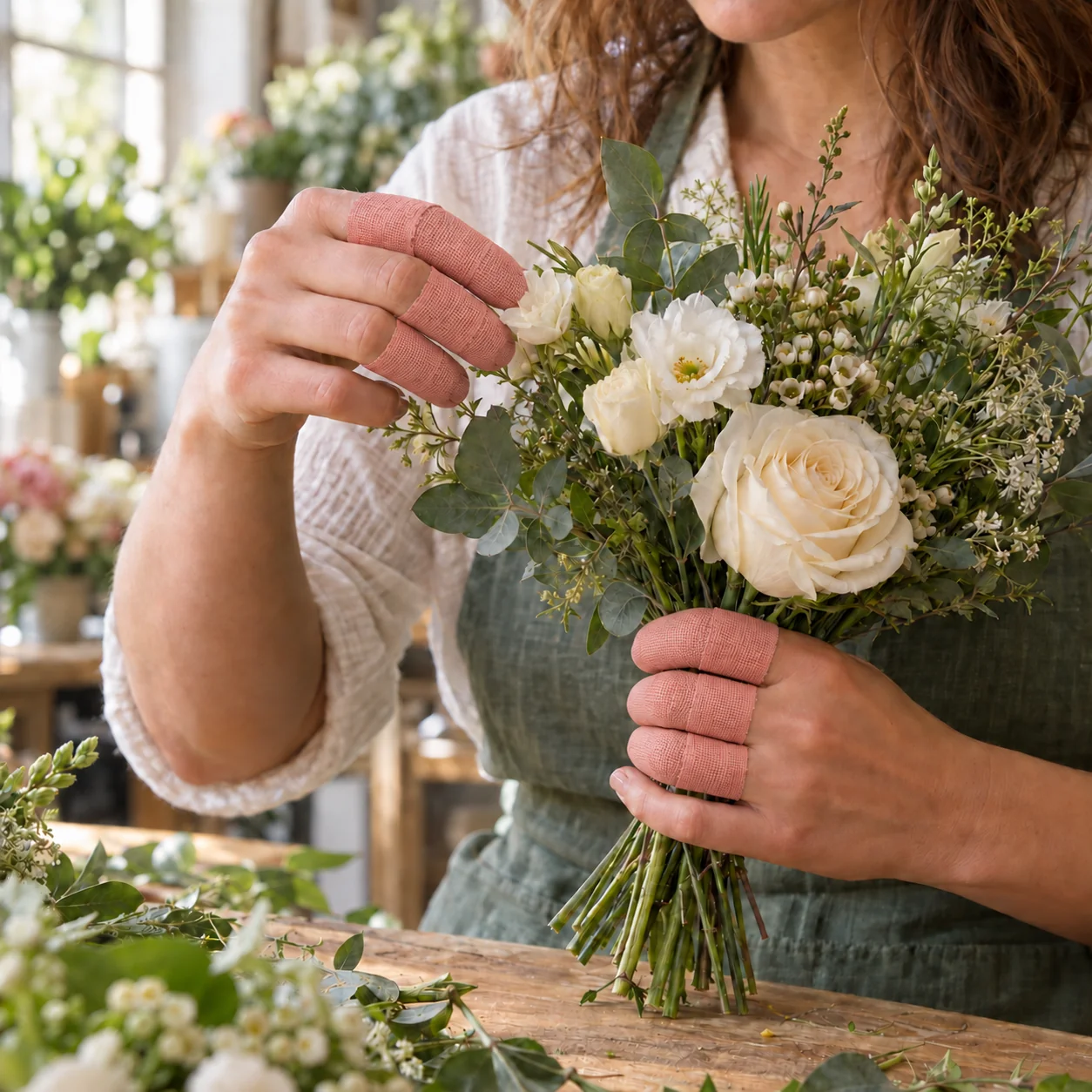 Illustration of a florist arranging flowers with pink wraps covering fingertips on both hands.