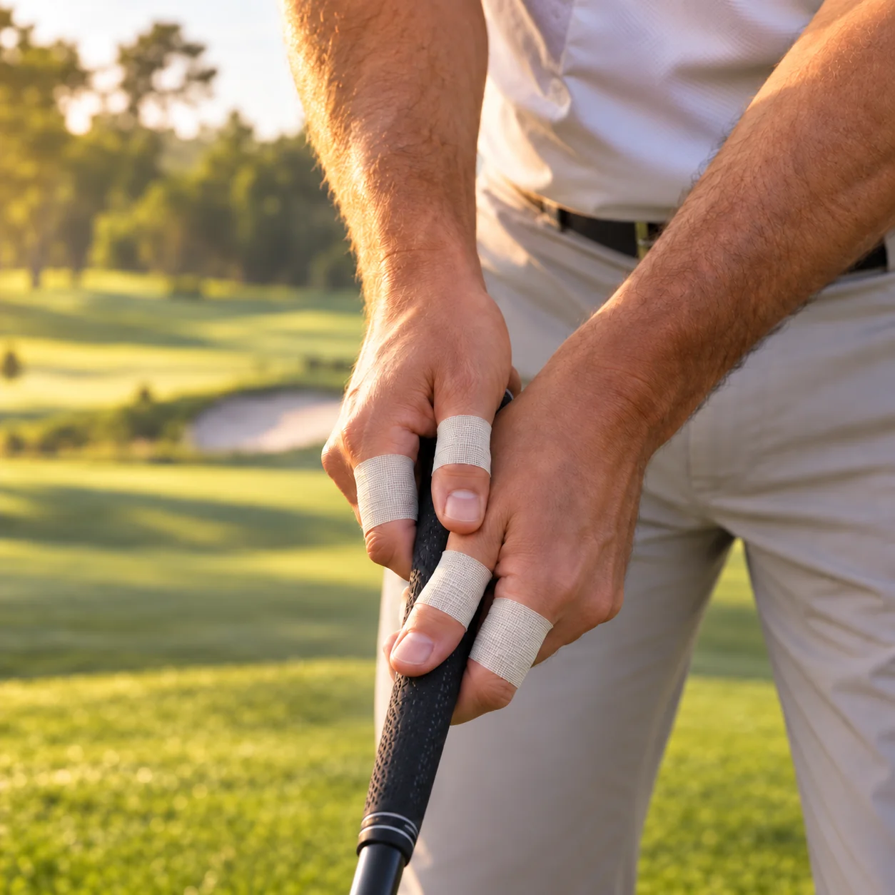 Illustration of a golfer holding a club with white cotton finger and thumb wraps