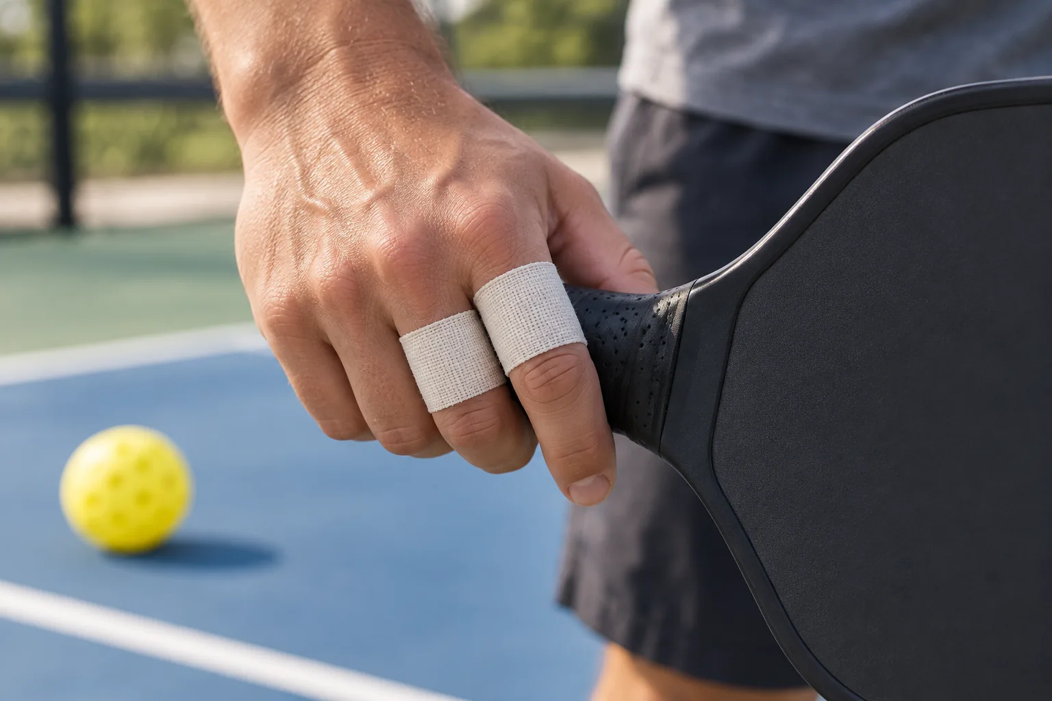 White cotton wraps around two fingers holding a pickleball paddle