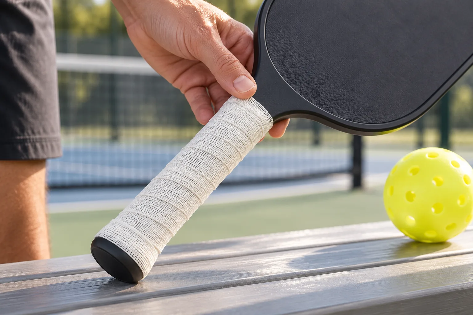 White woven cotton tape overlapping around a pickleball paddle handle