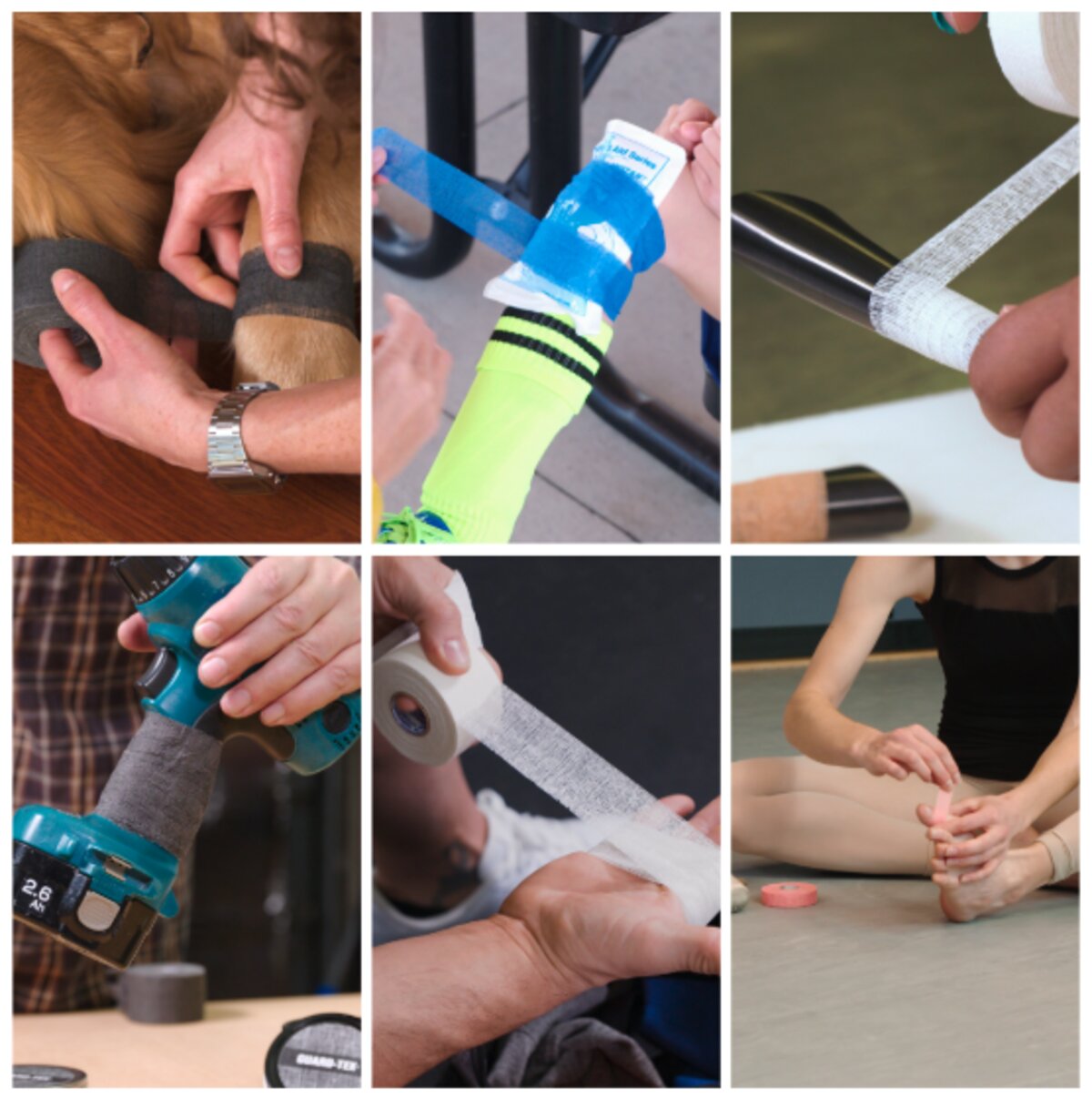 Self-adhering tape applications: pets, sports, fitness, tools, medical, dance
