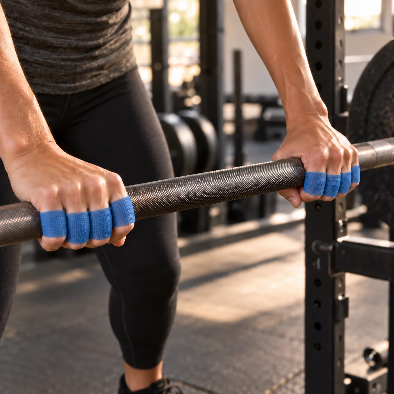 Illustration of an athlete holding a barbell with blue finger wraps.