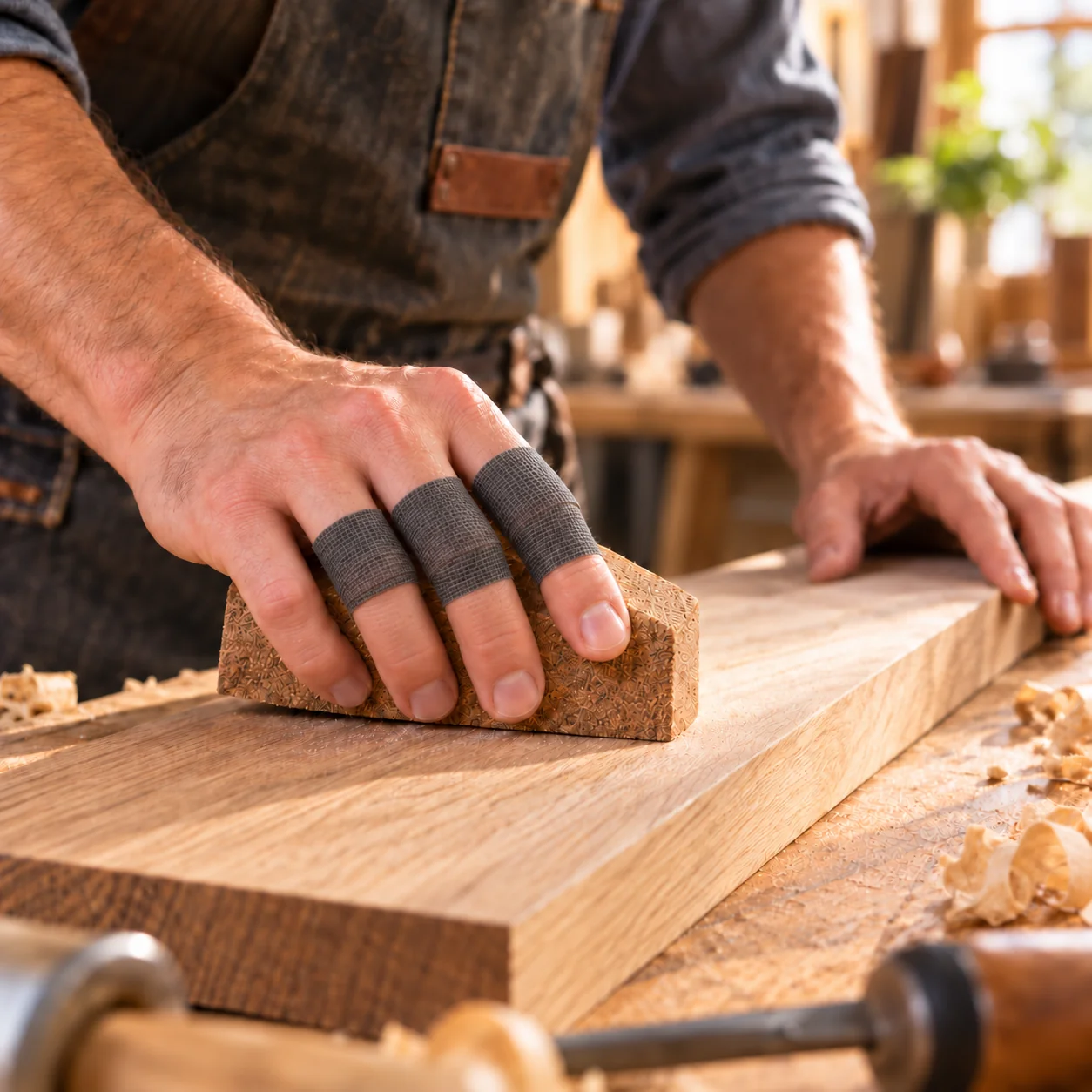 Woodworking with charcoal cotton finger wraps.